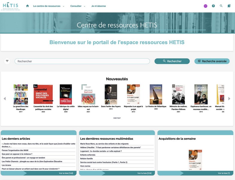 Page d’accueil du portail documentaire du Centre de ressources Hétis. comment-migrer-nouveau-portail-documentaire-quatre-mois.jpg