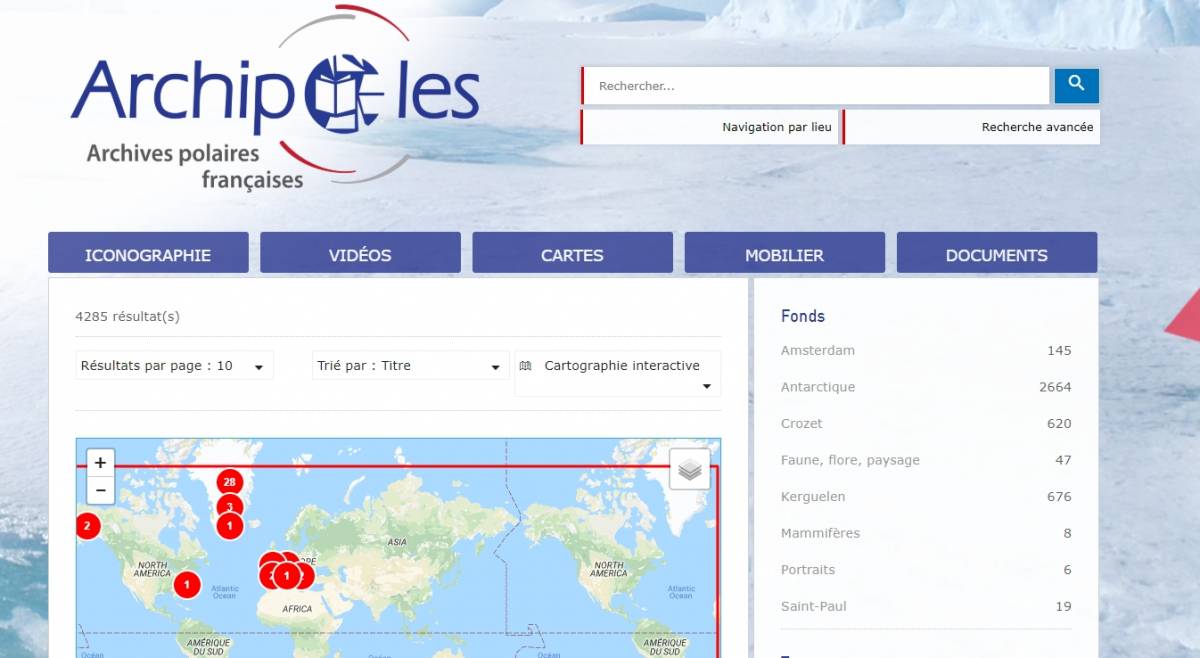 Interface de recherche cartographique Archipôles. (EPF/Archipôles) archives-polaire-portail-archipoles