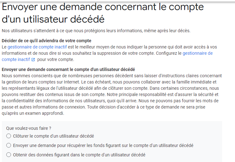 Page d’information de Google concernant le compte d’une personne décédée. (Google) google-deces