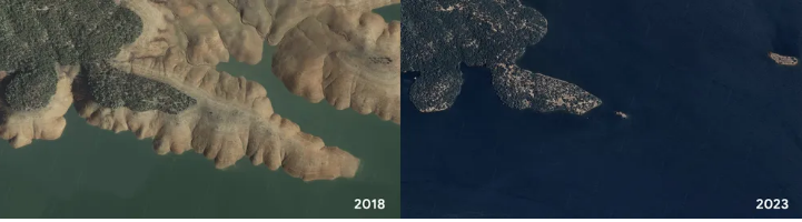 Le lac Oroville a connu des niveaux de réduction d'eau désastreux (2018). D’ici 2023, une série de pluies a progressivement rempli le réservoir jusqu’à sa capacité maximale (Google Earth). lac-oroville-images-historiques-google-earth-archives.png