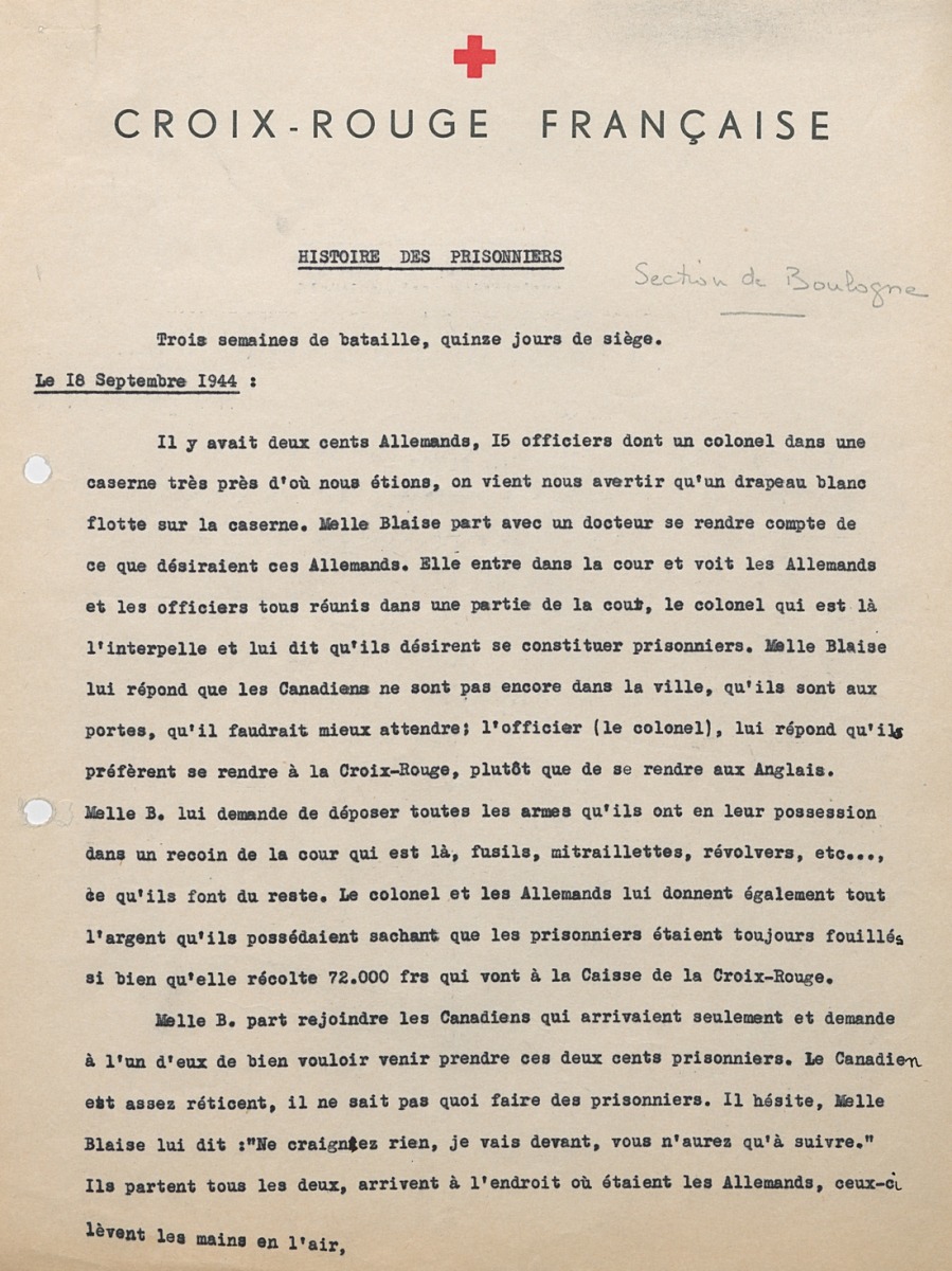 Rapport de la section de Boulogne-sur-Mer : « Histoire des prisonniers, trois semaines de bataille, quinze jours de siège », 18 septembre 1944, 20200063/106. © Archives nationales archives-croix-rouge-prisonniers