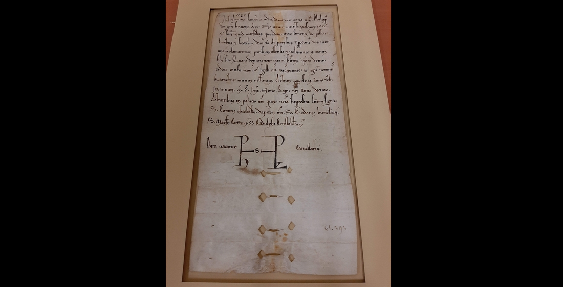 Lettre sur parchemin de Philippe II confirmant le don fait à l’Hôtel-Dieu par Mathilde, femme de Simon de Poissy, 1189. (Bruno Texier/Archimag) archives-hopitaux-paris-ap-hp-parchemin-philippe-ii-hotel-dieu