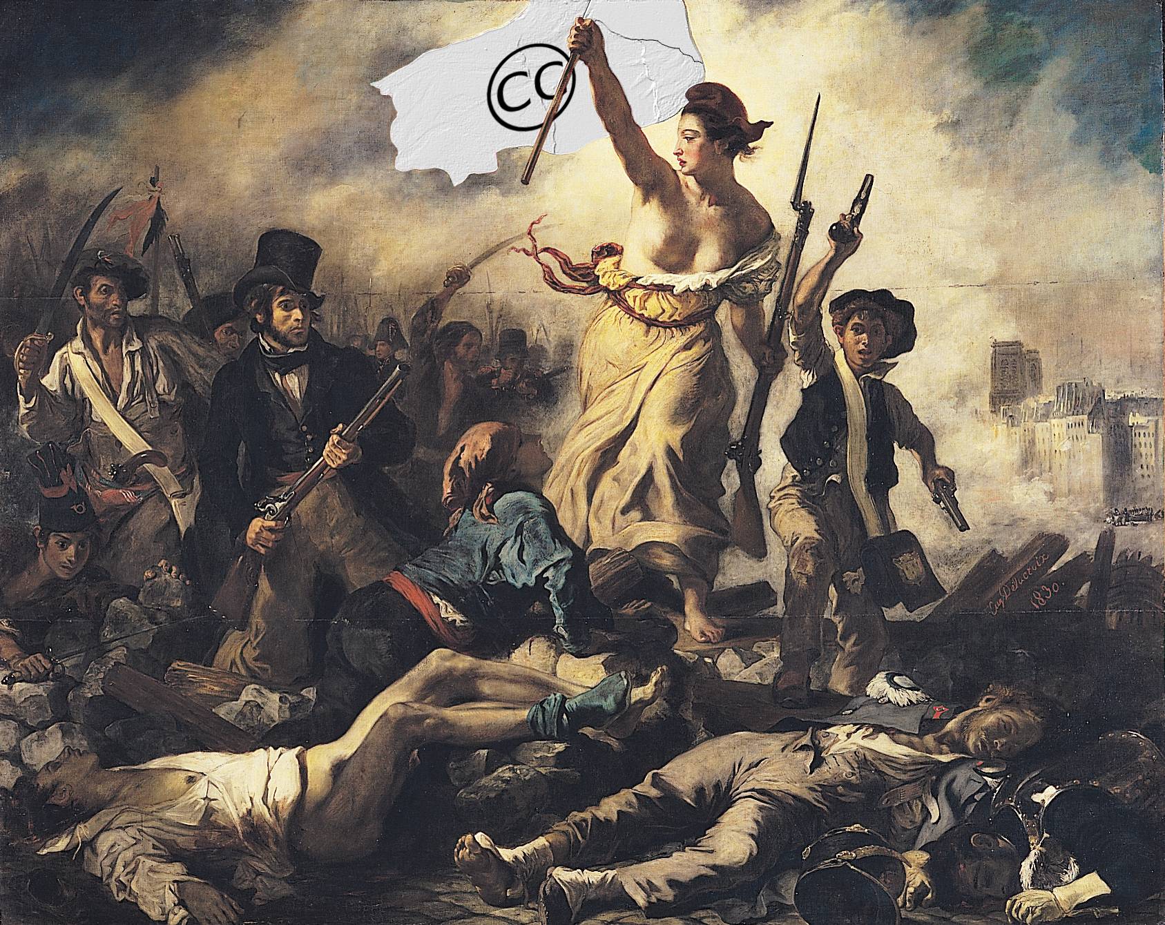 Les Creative Commons guidant les contributeurs, inspirée de la Liberté guidant le peuple d'Eugène Delacroix. (Wikipedia/Ju gatsu mikka)