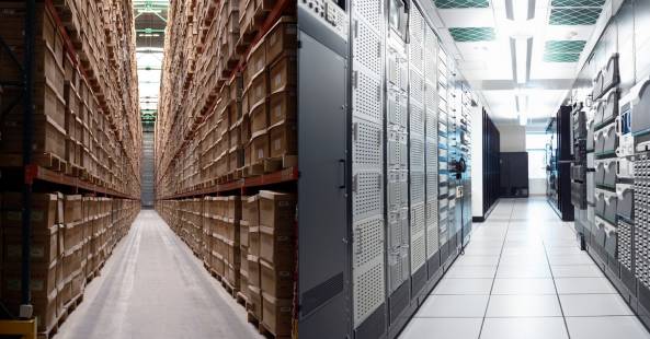 Les deux visages de l’archivage hybride (le site de Locarchives à Péronne, dans la Somme, et ses serveurs dédiés à l’archivage numérique. (Eric Delamarre/Locarchives)