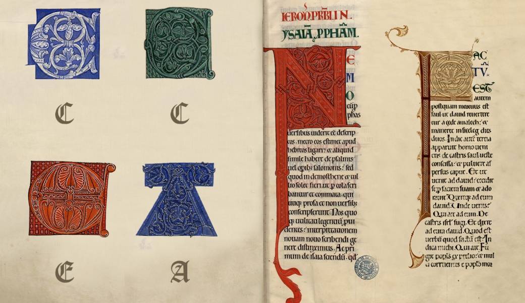 La Grande Bible de Clairvaux (Médiathèque du Grand Troyes, ms.27, t.6, f.155r; t.3, f.37r; t.3, f.135v; t.6 f.209r; t.2, f.99v; t.5, f.2r (détails).