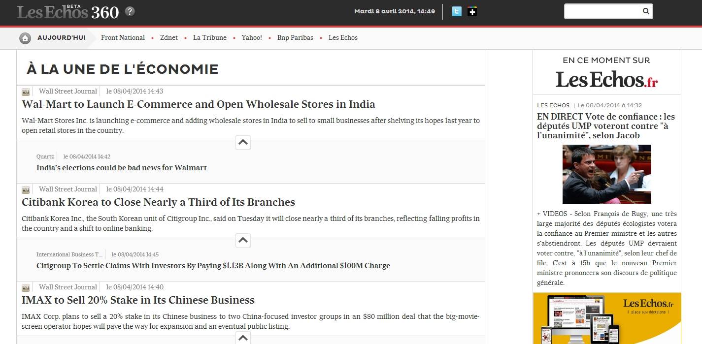 Page d'accueil de l'agrégateur Les Echos-360° (Les Echos-360°)