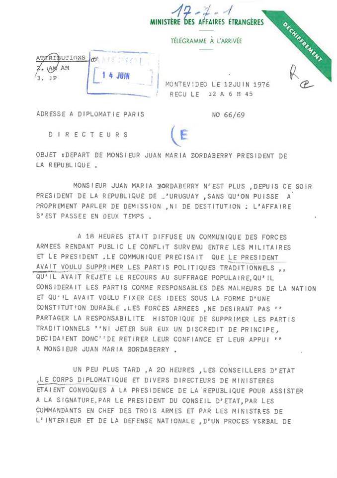 Télégramme de l’ambassade de France en Uruguay relatif au coup d’état militaire du 12 juin 1976 (Archives diplomatiques-Facebook)
