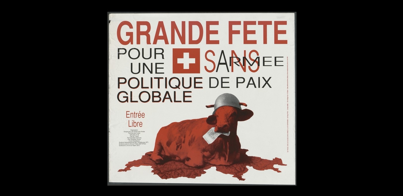 « Pour une politique globale de paix » Affiche pour une fête organisée par le GSsA (Groupe pour une Suisse sans armée). (Archives contestataires, cote 014_CFG-AC_aff_0367) archives-contestataires-suisse