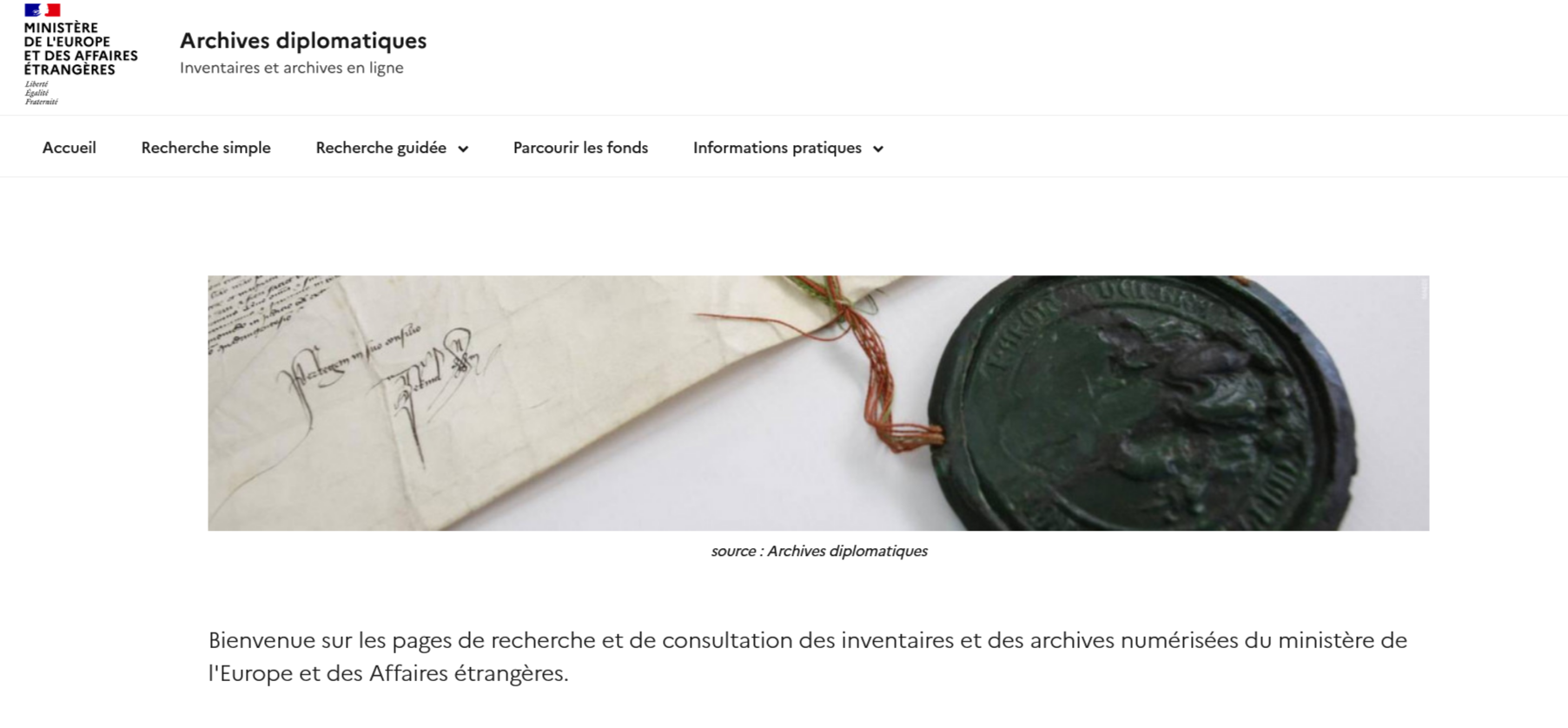 Page d'accueil du site de recherche et de consultation des Archives diplomatiques (Ministère de l'Europe et des Affaires étrangères) Archives-diplomatiques-lancent-site-recherche-consultation