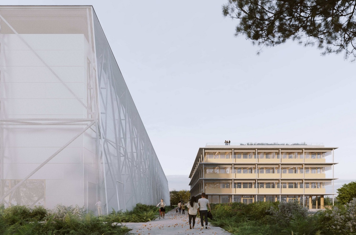 Vue de l’entrée Ouest du futur pôle de conservation de la presse de la BnF à Amiens. (TVK / Carmody Groarke) bnf-devoile-futur-pole-conservation-presse-amiens