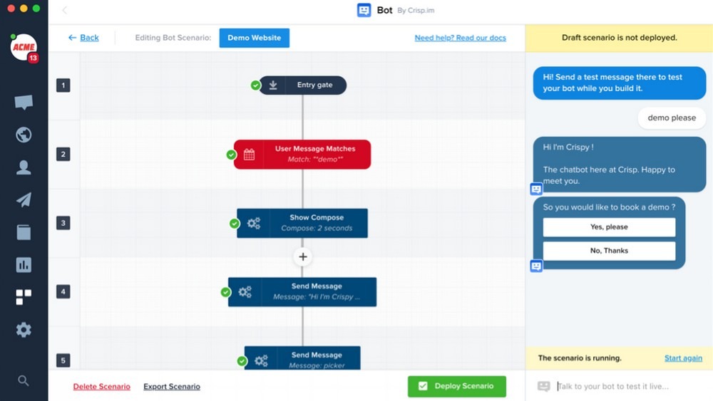 Capture d’écran de la solution de chatbot Crisp. (Crisp) base-connaissance-chatbot