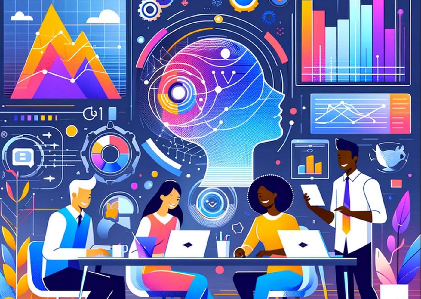 Image (exceptionnellement) générée avec DALL-E d’après le prompt suivant : "propose-moi une image illustrant un groupe de 4 personnes dans un espace de travail, s’amusant à prompter. En flat design, avec des couleurs vivantes". (Archimag) Comment-maitriser-IA-generatives-art-rediger-prompts