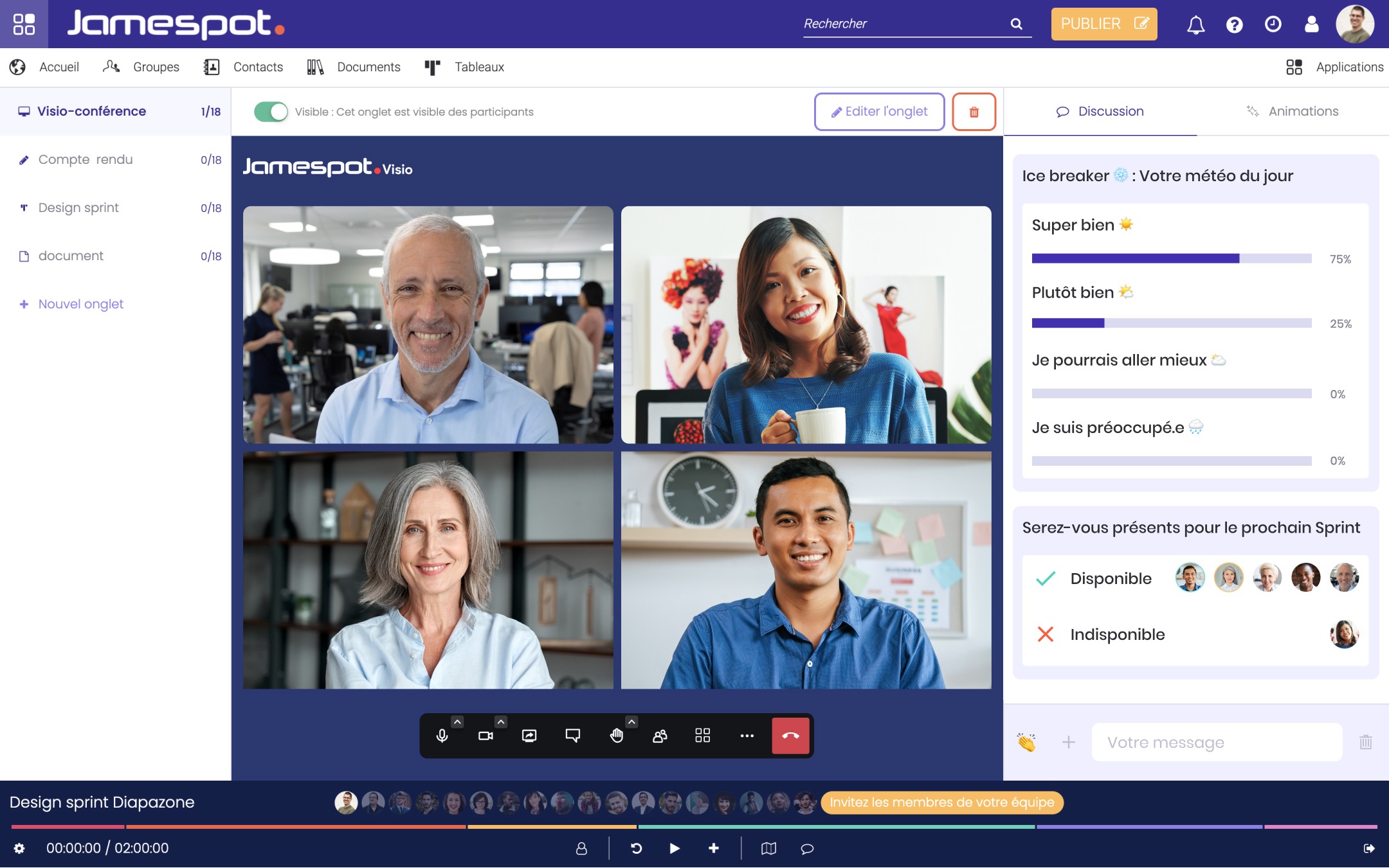 La Digital Workplace Jamespot partage ses engagements en matière d'éco-responsabilité. (Jamespot) diapazone-animation-réunion-jamespot-collaboration-hommes-femmes-sourire-sentiment