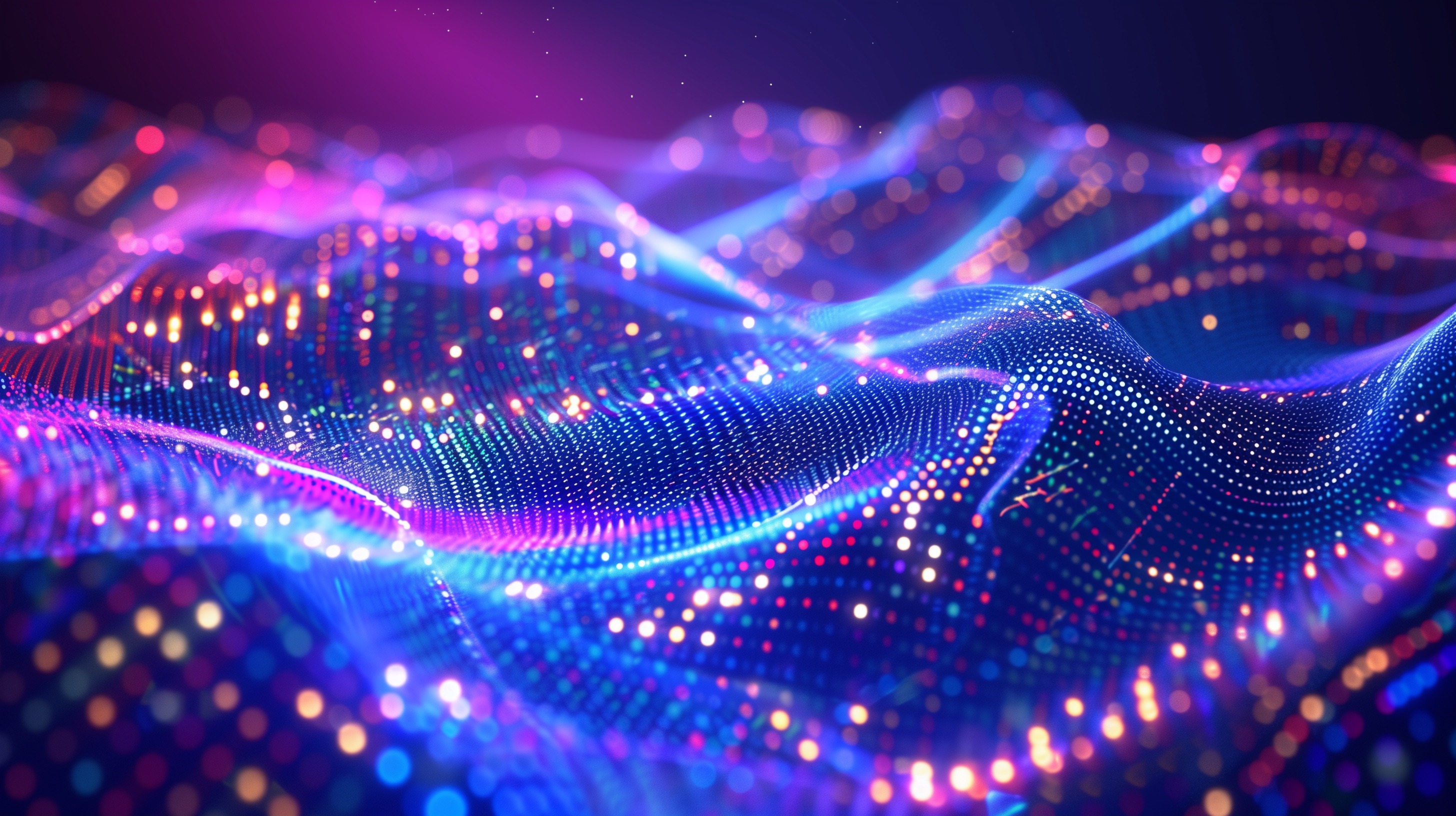 A digital wave of particles and glowing star points on an abstract background, creating a dynamic image with a technological look and a futuristic feel.