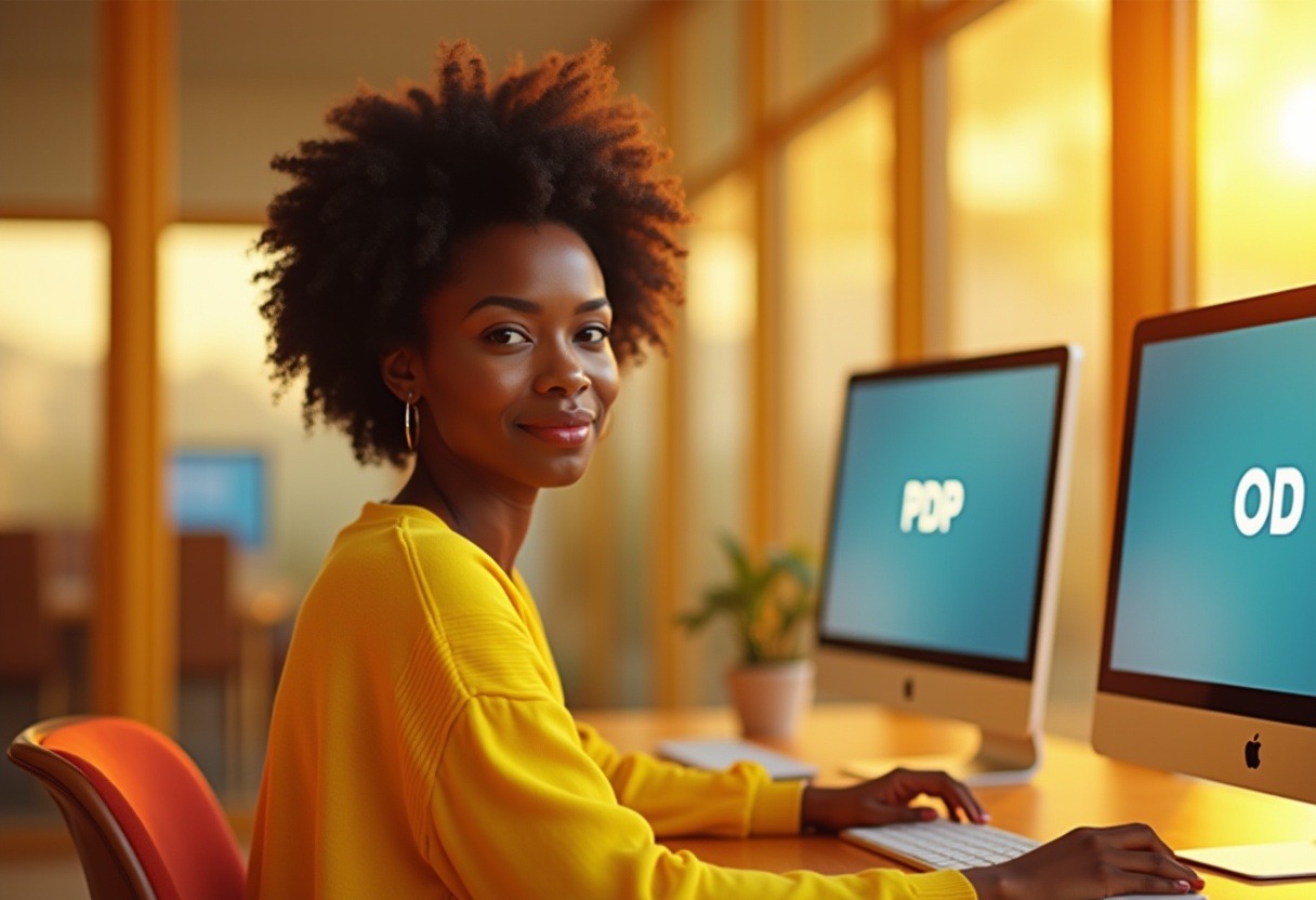 La réforme crée un tandem inédit : la Plateforme de Dématérialisation Partenaire (PDP) et l’Opérateur de Dématérialisation (OD). femme devant deux écrans