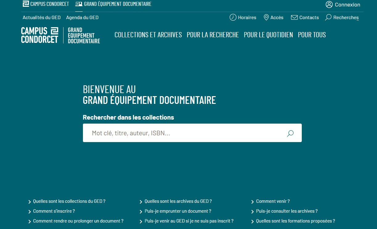 Page d'accueil du portail documentaire du GED (Grand équipement documentaire, Campus Condorcet) GED-Campus-Condorcet-devoile-portail-documentaire