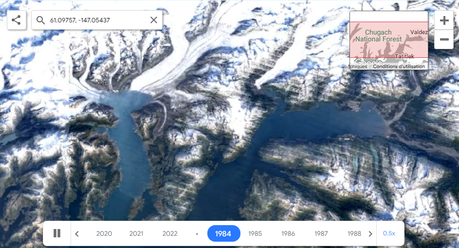 De nouvelles fonctionnalités améliorent l'expérience utilisateur sur Google Earth (Glacier du Chugach National Forest en Alaska)