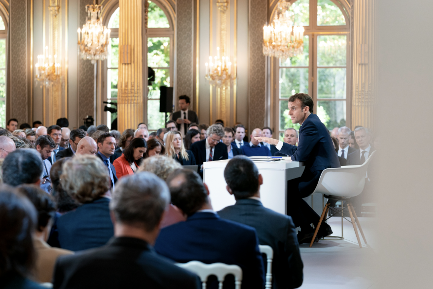 Emmanuel Macron lors d'une conférence de presse consacrée au Grand Débat (Présidence de la République) archives-Grand-Debat-deviennent-communicables