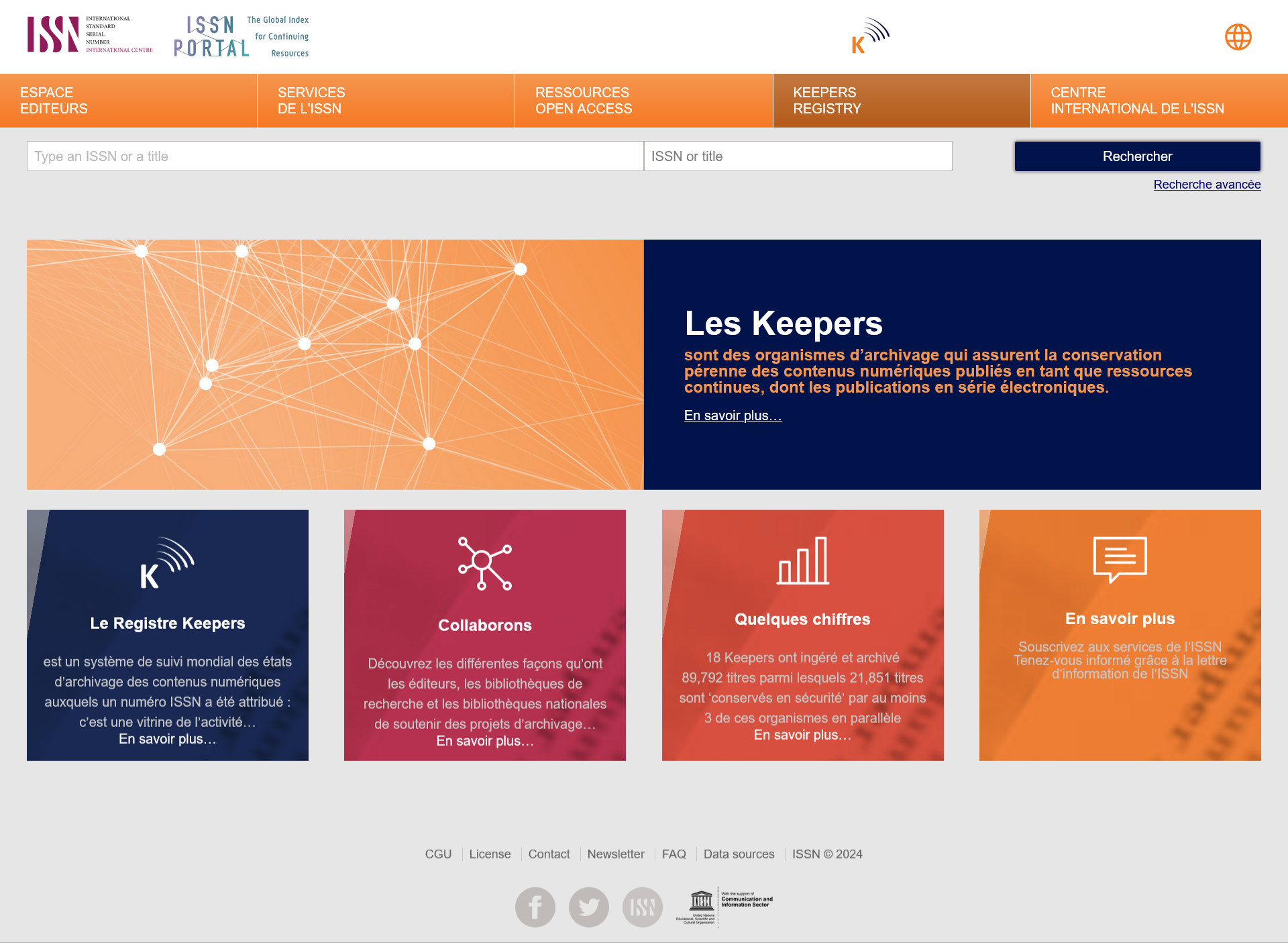 Page d'accueil de la plateforme Keepers Registry (ISSN) Edition-scientifique-revues-numeriques-TIB-rejoignent-plateforme-Keepers-Registry