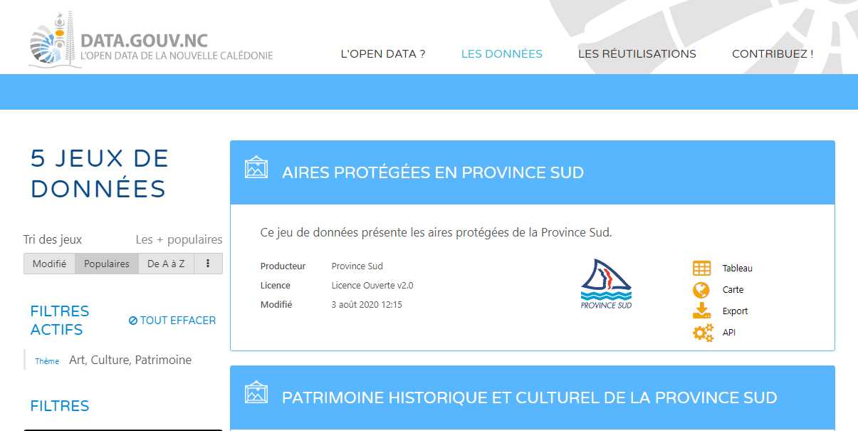 Page d'accueil de la plateforme open data de la Nouvelle Calédonie (https://data.gouv.nc)
