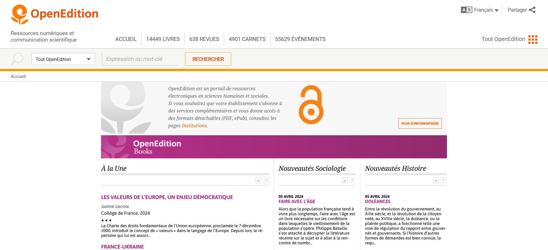 Page d'accueil du portail OpenEdition (OpenEdition) Open-Edition-passe-cap-10000-ouvrages-archives-facon-perenne
