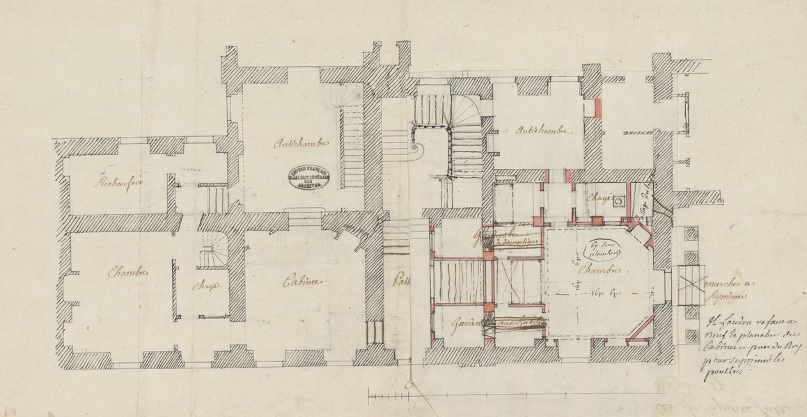 Plan pour un projet d’entresol sur la petite salle des gardes de l’appartement du roi (1772) (Archives nationales).