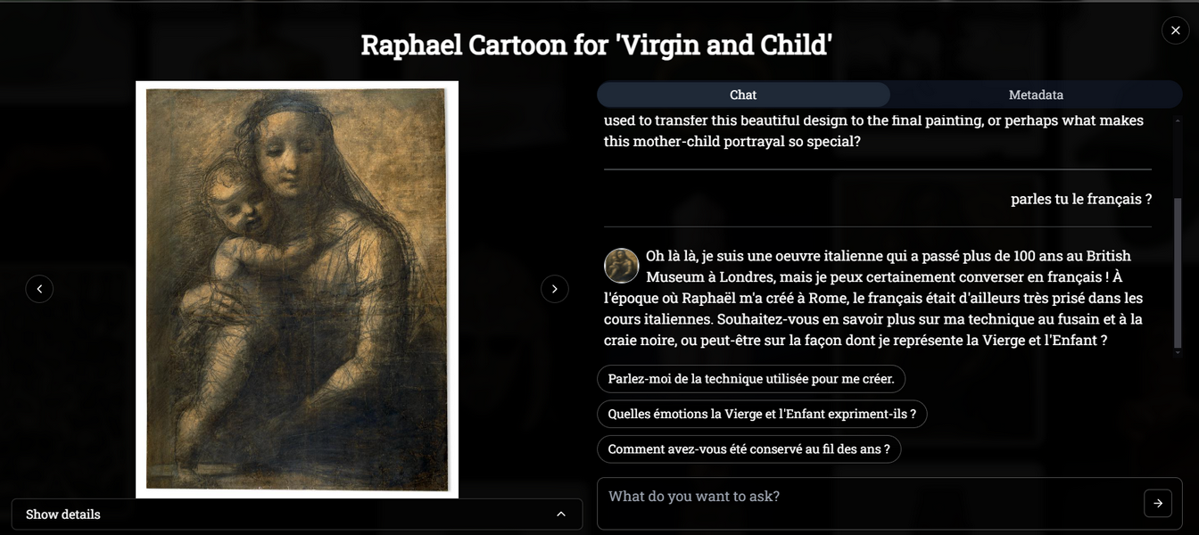 Interface de dialogue avec une œuvre du Living Museum (British Museum).