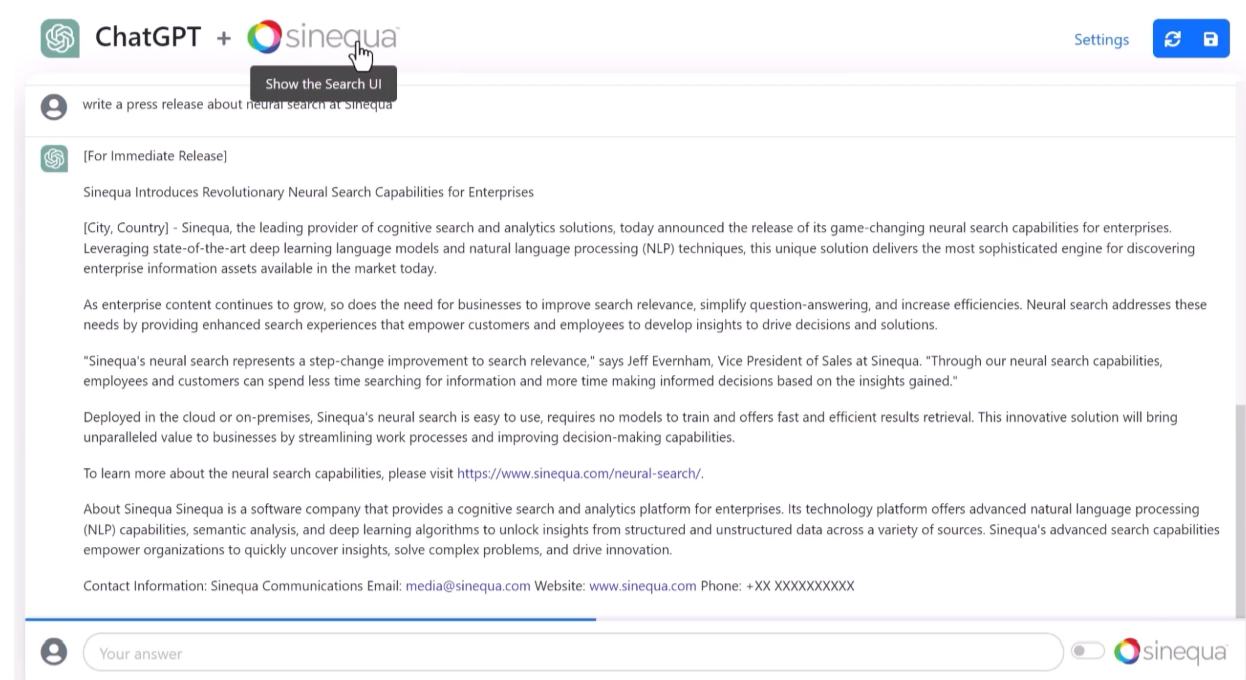 Interface de consultation de la solution Sinequa (Sinequa) Sinequa-embarque-ChatGPT-solution-recherche-information