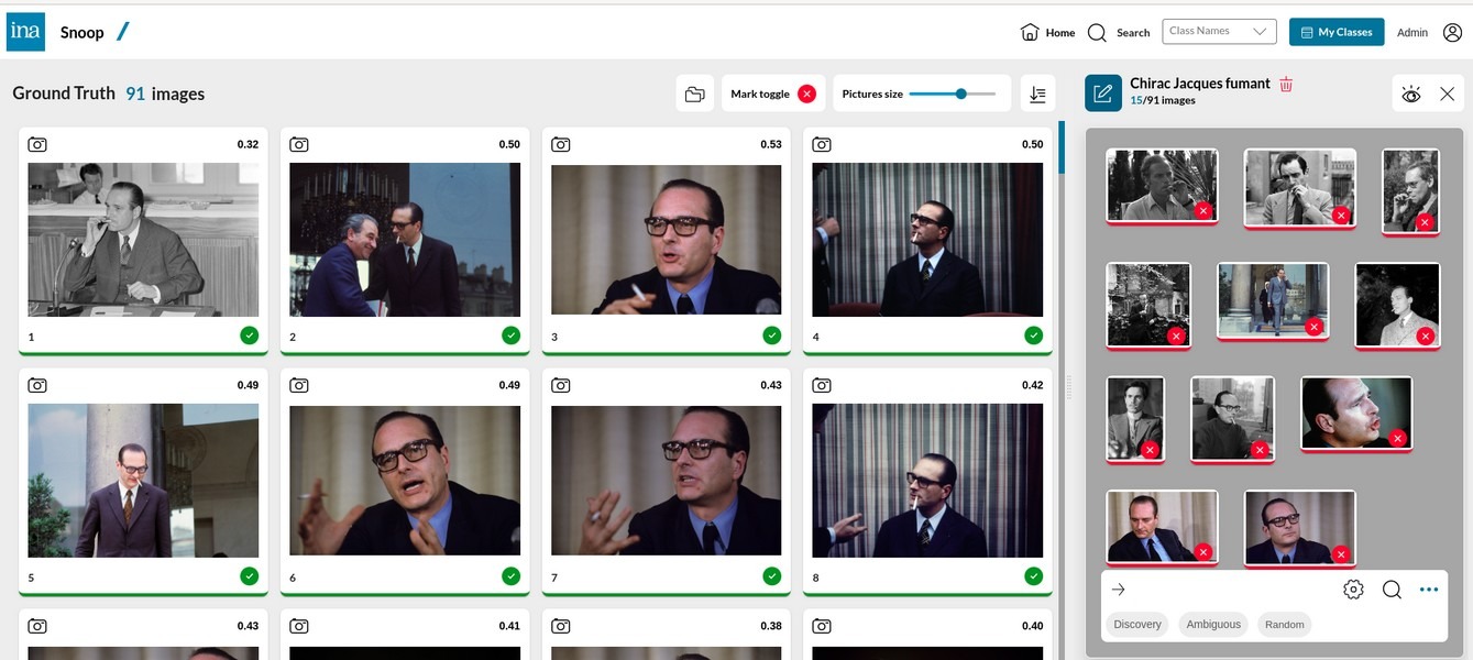Exemple d'une recherche dans les archives audiovisuelles grâce à l'outil Snoop : Jacques Chirac avec une cigarette (Ina)