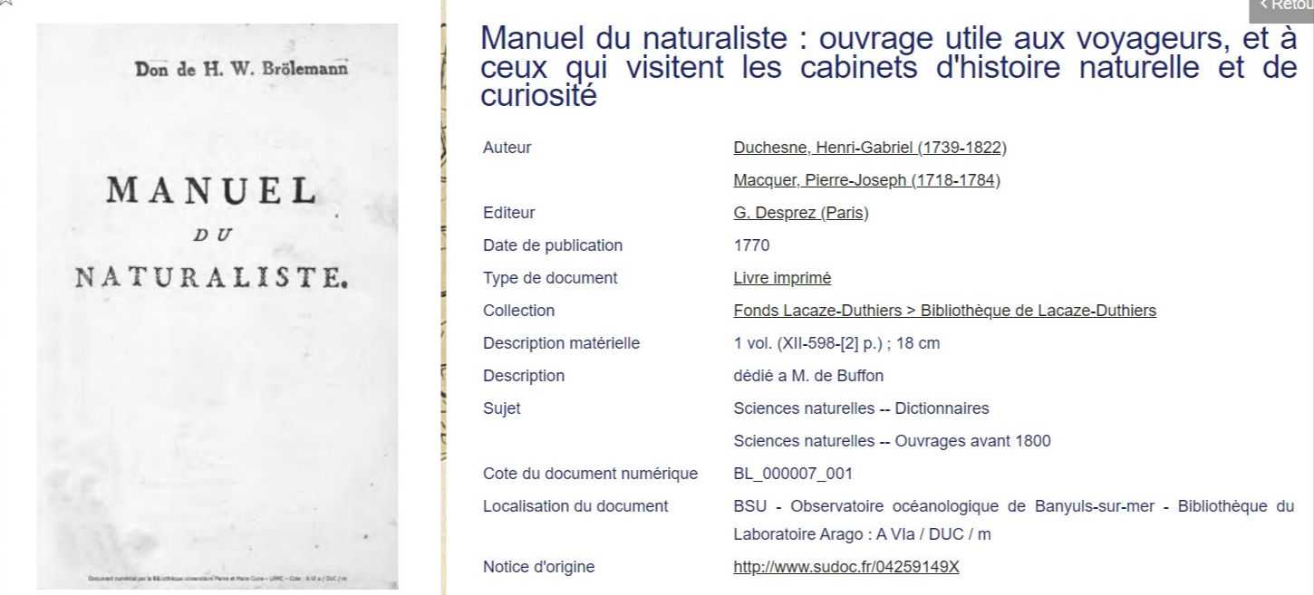 Manuel du naturaliste de 1770 issu du fonds Lacaze-Duthiers (Sorbonne Université) Une convention de partenariat documentaire entre Sorbonne Université et l'Académie des sciences